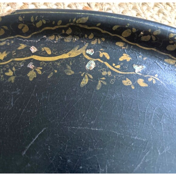 Large 24" Antique Victorian Paper Mache Oval Tray Mother of Pearl Hand Painted - Picture 3 of 12